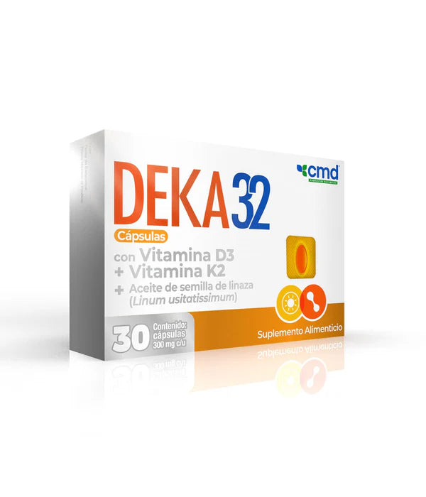 DEKA 32 | Aceite de semilla de linaza, Vitamina D3 y K2 | 30 Cápsulas.